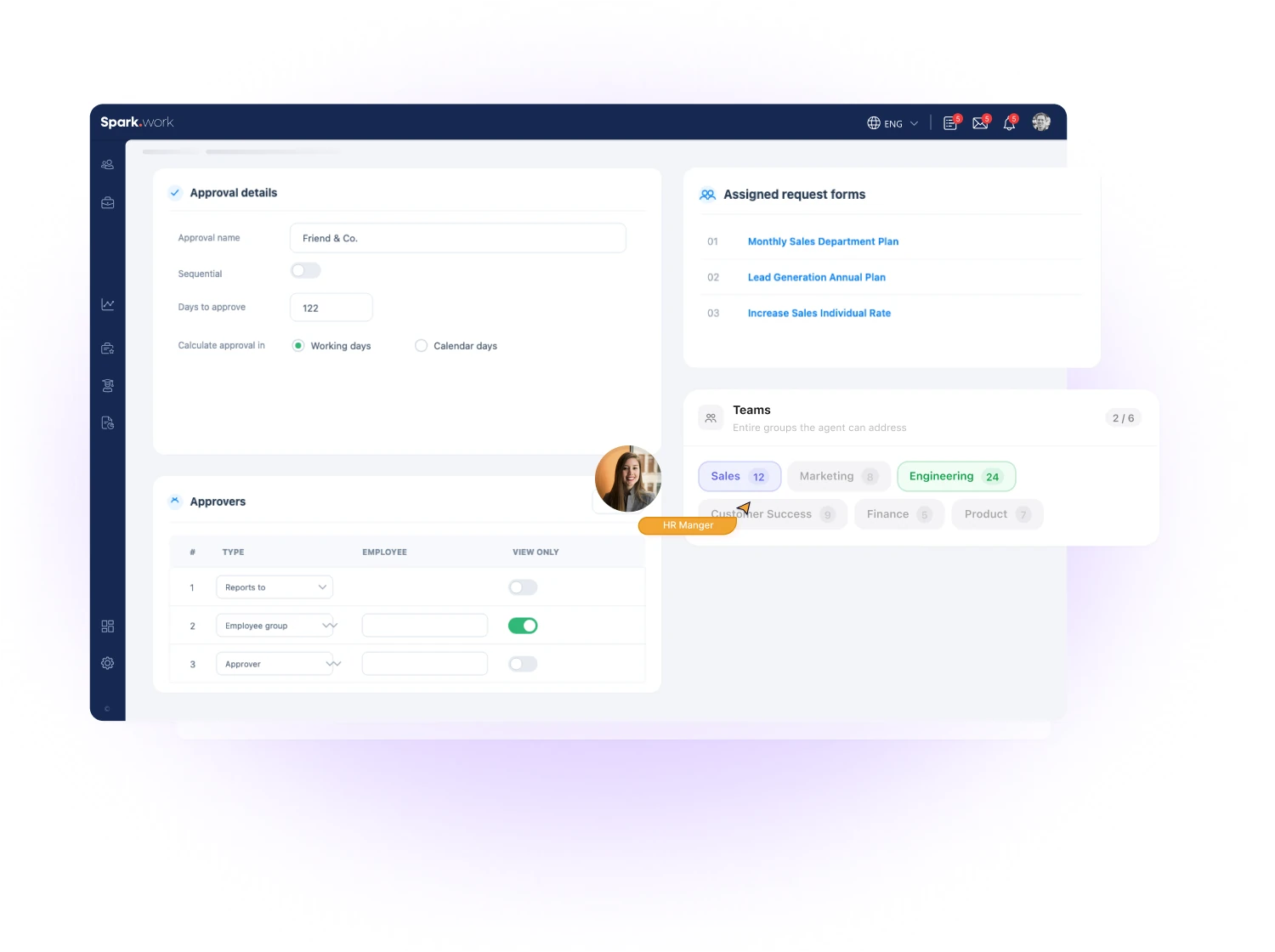Approval flow setup in Spark.work MBO settings, with approvers, request forms and teams