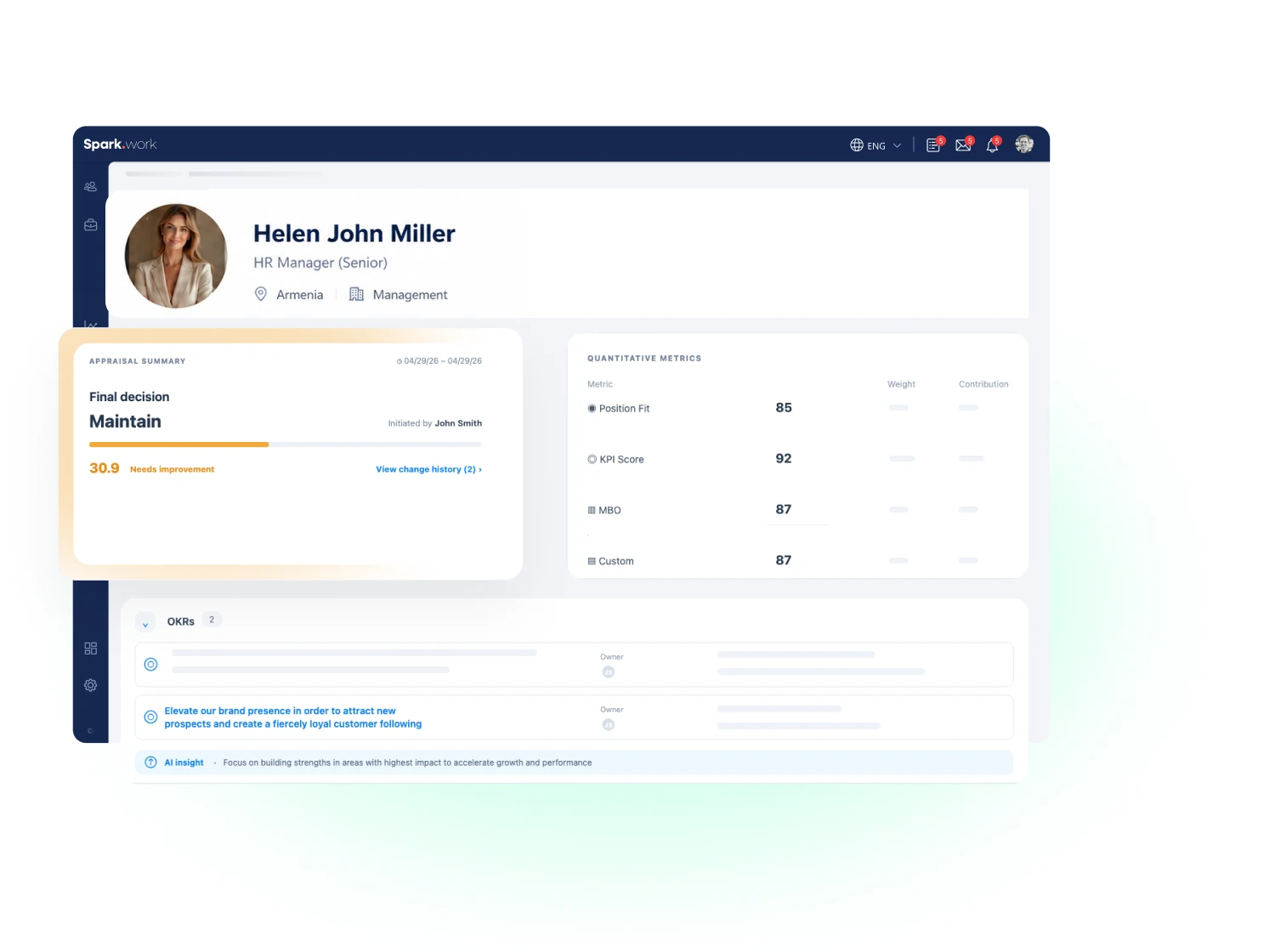 An employee's appraisal summary, quantitative metrics and objectives in Spark.work
