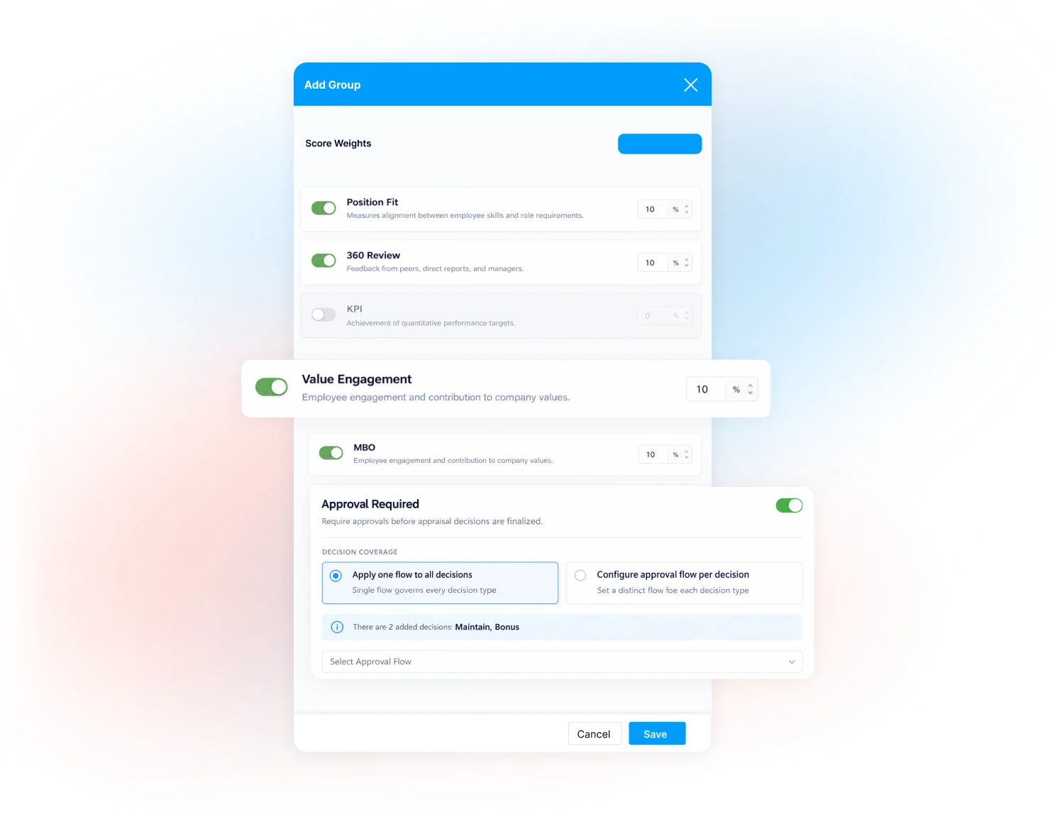 Score weights for an evaluation group, with an approval flow