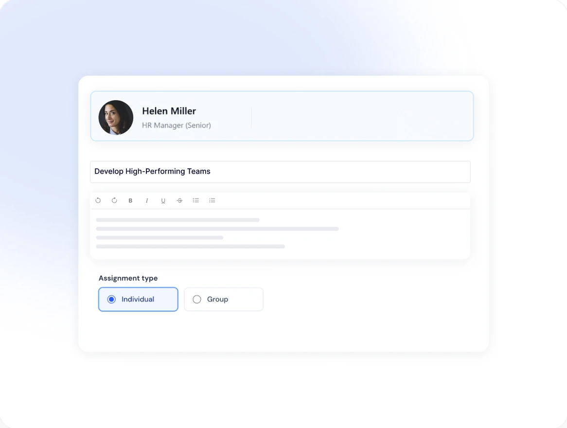 An objective being set up for an employee, with its assignment type