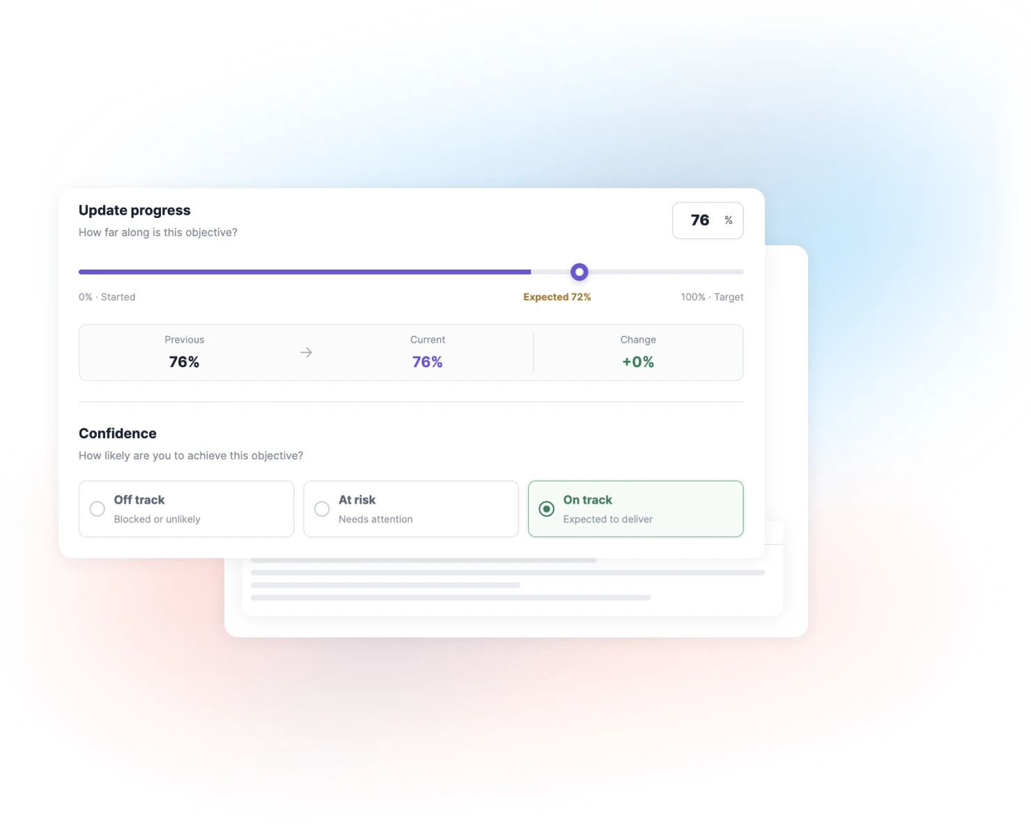 A check-in updating an objective's progress and confidence